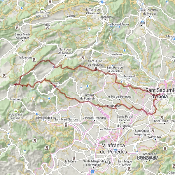 Miniatuurkaart van de fietsinspiratie "Gravelroute naar Font-rubí en Castell de Vilademàger" in Cataluña, Spain. Gemaakt door de Tarmacs.app fietsrouteplanner