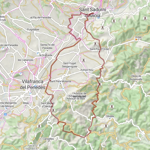 Map miniature of "Gravel Adventure near Sant Sadurní d'Anoia" cycling inspiration in Cataluña, Spain. Generated by Tarmacs.app cycling route planner