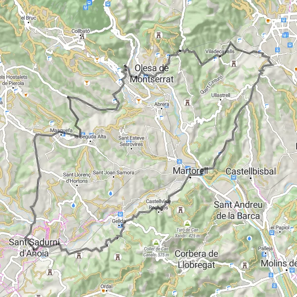 Miniatura della mappa di ispirazione al ciclismo "Il Giro del Turó de les Mates" nella regione di Cataluña, Spain. Generata da Tarmacs.app, pianificatore di rotte ciclistiche