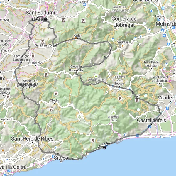 Map miniature of "Ordal and Garraf Loop" cycling inspiration in Cataluña, Spain. Generated by Tarmacs.app cycling route planner