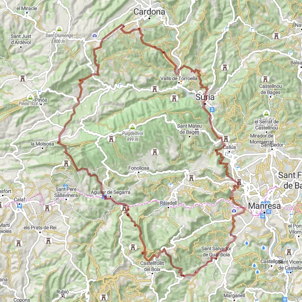 Miniatura della mappa di ispirazione al ciclismo "Il Giro delle Colline di Anoia e Bages" nella regione di Cataluña, Spain. Generata da Tarmacs.app, pianificatore di rotte ciclistiche