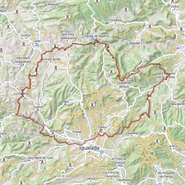 Miniaturekort af cykelinspirationen "Bjergrig Cykelrute til la Monjoia" i Cataluña, Spain. Genereret af Tarmacs.app cykelruteplanlægger