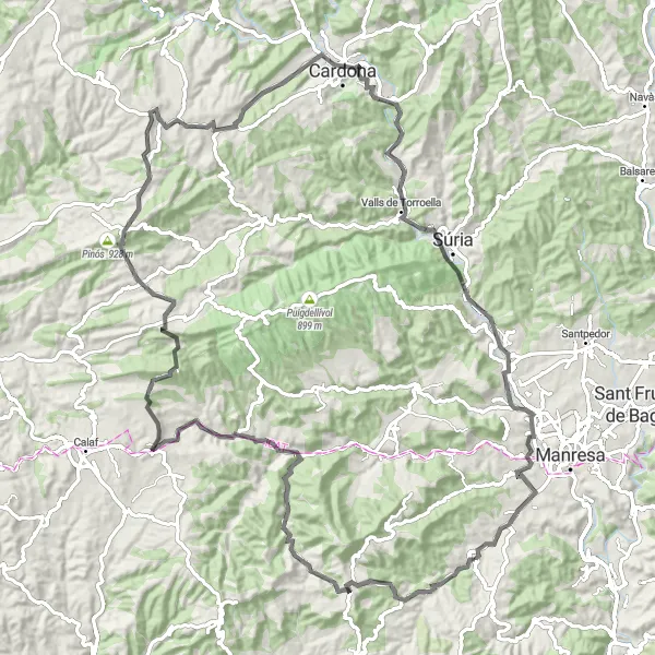 Miniature de la carte de l'inspiration cycliste "Les Châteaux et Paysages de la Région" dans la Cataluña, Spain. Générée par le planificateur d'itinéraire cycliste Tarmacs.app