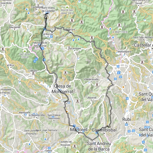 Miniatura della mappa di ispirazione al ciclismo "Road Route to Cap de les Canals" nella regione di Cataluña, Spain. Generata da Tarmacs.app, pianificatore di rotte ciclistiche