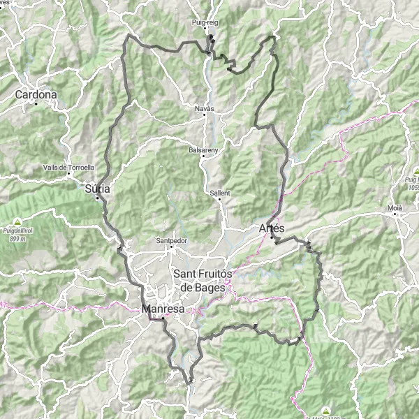 Miniaturekort af cykelinspirationen "Vejcykelrute med 2412m stigning" i Cataluña, Spain. Genereret af Tarmacs.app cykelruteplanlægger