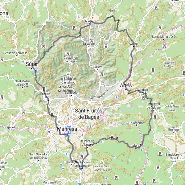 Miniature de la carte de l'inspiration cycliste "Le Circuit des Monts" dans la Cataluña, Spain. Générée par le planificateur d'itinéraire cycliste Tarmacs.app