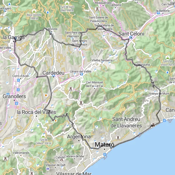 Miniatuurkaart van de fietsinspiratie "Turó d'Onofre Arnau and Collsacreu Road Cycling Route" in Cataluña, Spain. Gemaakt door de Tarmacs.app fietsrouteplanner