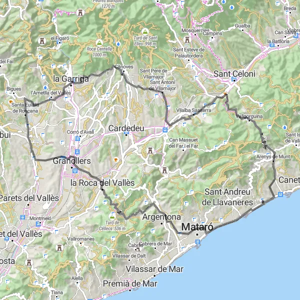 Miniatuurkaart van de fietsinspiratie "Argentona and Vallgorguina Road Cycling Route" in Cataluña, Spain. Gemaakt door de Tarmacs.app fietsrouteplanner