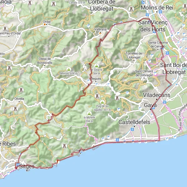 Miniatura mapy "Trasa Gravel przez Garraf i Penya de l'Àliga" - trasy rowerowej w Cataluña, Spain. Wygenerowane przez planer tras rowerowych Tarmacs.app