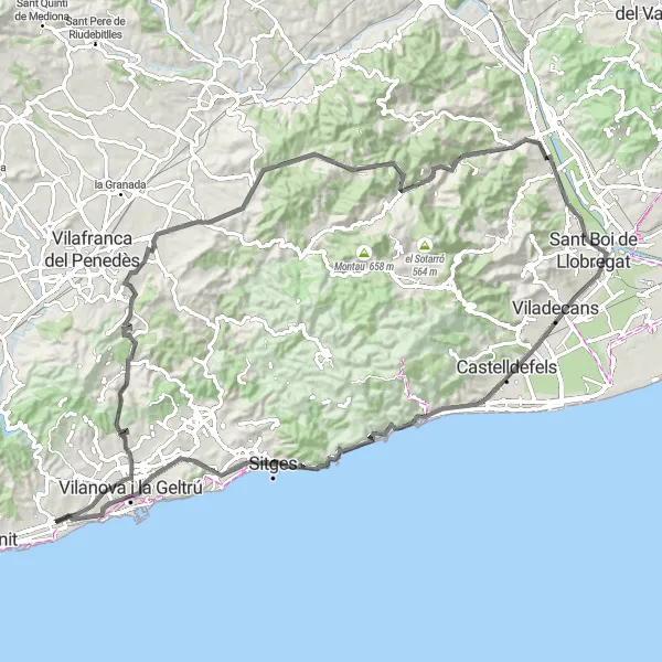 Map miniature of "Coastal Escapade" cycling inspiration in Cataluña, Spain. Generated by Tarmacs.app cycling route planner