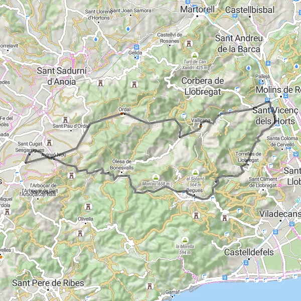 Miniatua del mapa de inspiración ciclista "Ruta Escénica a Torrelles de Llobregat" en Cataluña, Spain. Generado por Tarmacs.app planificador de rutas ciclistas