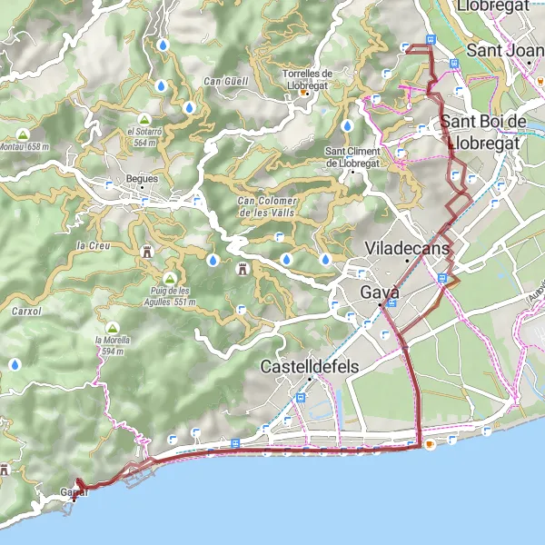 Map miniature of "Scenic Gravel Ride to Garraf" cycling inspiration in Cataluña, Spain. Generated by Tarmacs.app cycling route planner