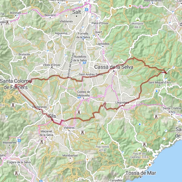 Karten-Miniaturansicht der Radinspiration "Gravelabenteuer von Santa Coloma de Farners" in Cataluña, Spain. Erstellt vom Tarmacs.app-Routenplaner für Radtouren
