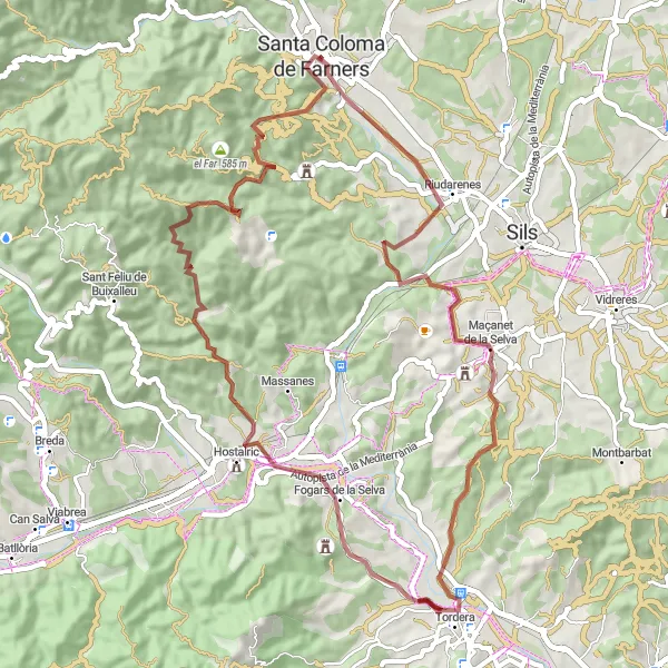 Miniatura della mappa di ispirazione al ciclismo "Gravel Route through Turó de Puigmarí" nella regione di Cataluña, Spain. Generata da Tarmacs.app, pianificatore di rotte ciclistiche