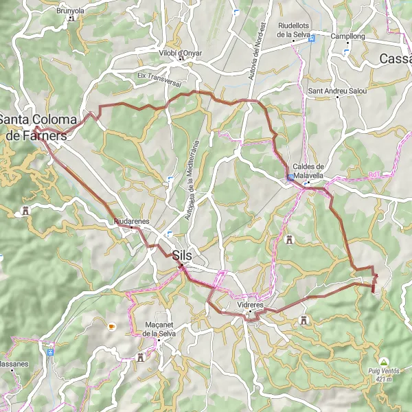 Miniatuurkaart van de fietsinspiratie "Gravelroute door de natuur rond Santa Coloma de Farners" in Cataluña, Spain. Gemaakt door de Tarmacs.app fietsrouteplanner