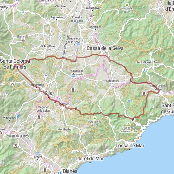 Miniatura della mappa di ispirazione al ciclismo "Gravel Adventure to Puig de les Vacasses" nella regione di Cataluña, Spain. Generata da Tarmacs.app, pianificatore di rotte ciclistiche