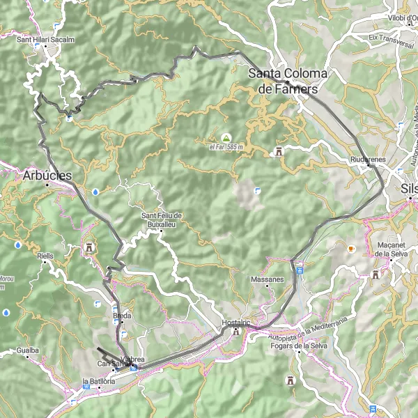 Karten-Miniaturansicht der Radinspiration "Bergiges Abenteuer von Santa Coloma de Farners" in Cataluña, Spain. Erstellt vom Tarmacs.app-Routenplaner für Radtouren