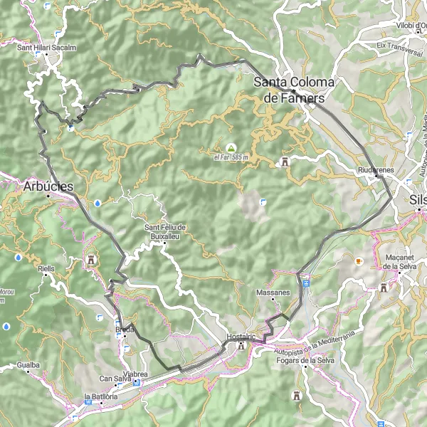 Miniatura della mappa di ispirazione al ciclismo "Giro in bicicletta tra i paesaggi stradali di Cataluña" nella regione di Cataluña, Spain. Generata da Tarmacs.app, pianificatore di rotte ciclistiche