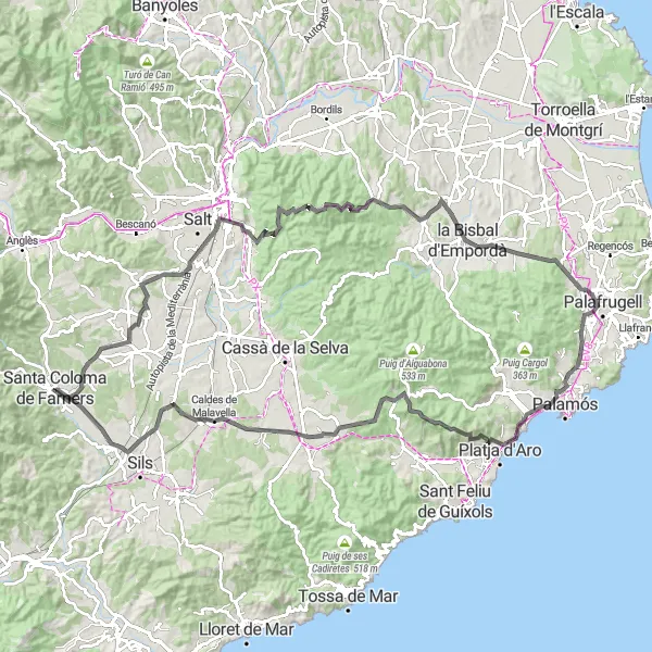 Map miniature of "Santa Coloma de Farners to Riudarenes Loop" cycling inspiration in Cataluña, Spain. Generated by Tarmacs.app cycling route planner