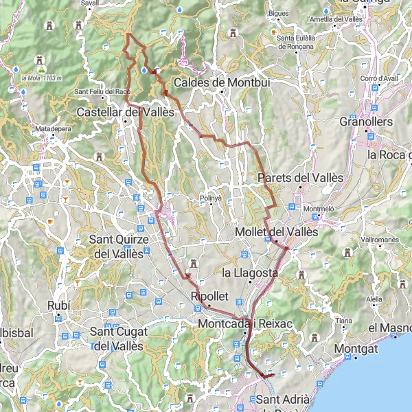 Miniatuurkaart van de fietsinspiratie "Gravel Route van Santa Coloma de Gramenet naar Castellar del Vallès" in Cataluña, Spain. Gemaakt door de Tarmacs.app fietsrouteplanner