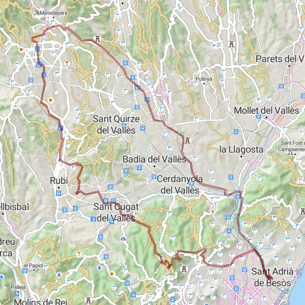 Map miniature of "Gravel Explorations: Santa Coloma de Gramenet to Sant Adrià de Besòs" cycling inspiration in Cataluña, Spain. Generated by Tarmacs.app cycling route planner