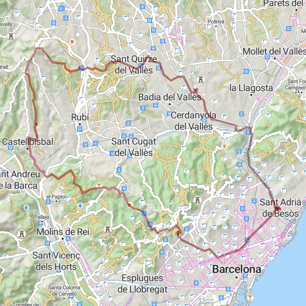 Map miniature of "Gravel Heritage: Santa Coloma de Gramenet to Sant Adrià de Besòs" cycling inspiration in Cataluña, Spain. Generated by Tarmacs.app cycling route planner