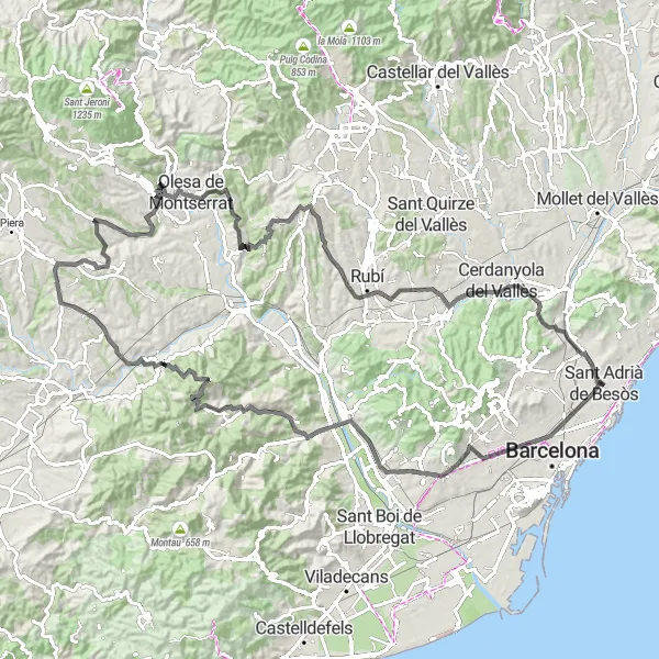 Miniature de la carte de l'inspiration cycliste "Les panoramas de Masquefa et Olesa de Montserrat" dans la Cataluña, Spain. Générée par le planificateur d'itinéraire cycliste Tarmacs.app