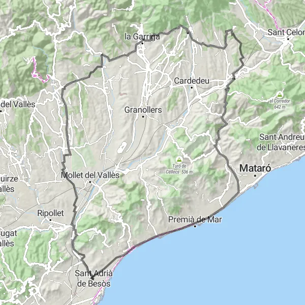 Map miniature of "Road Cycling in the Surroundings of Santa Coloma de Gramenet" cycling inspiration in Cataluña, Spain. Generated by Tarmacs.app cycling route planner