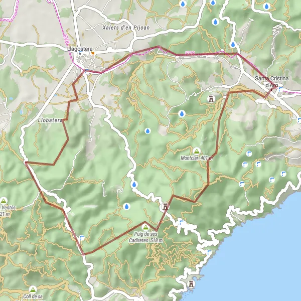 Miniatua del mapa de inspiración ciclista "Ruta en bicicleta de gravel desde Santa Cristina d'Aro a través de Llagostera" en Cataluña, Spain. Generado por Tarmacs.app planificador de rutas ciclistas