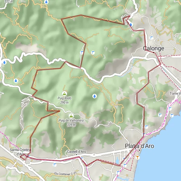 Miniatura della mappa di ispirazione al ciclismo "Gravel tra boschi e spiagge" nella regione di Cataluña, Spain. Generata da Tarmacs.app, pianificatore di rotte ciclistiche