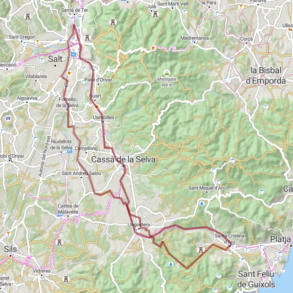 Miniatua del mapa de inspiración ciclista "Ruta de ciclismo de ida y vuelta cerca de Santa Cristina d'Aro" en Cataluña, Spain. Generado por Tarmacs.app planificador de rutas ciclistas