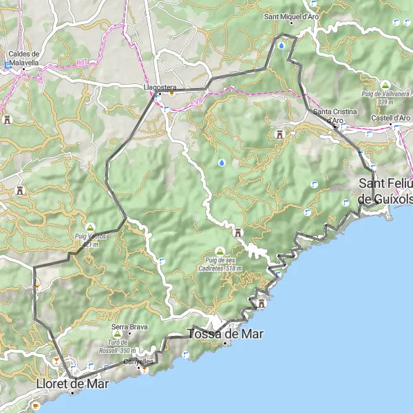 Miniatura mapy "Trasa Szosowa Santa Cristina d'Aro - Sant Feliu de Guíxols - la Dona Espenyada - Tossa de Mar - Torre des Moros - Lloret de Mar - Puig Ventós - Llagostera - Puig Miquel - Santa Cristina d'Aro" - trasy rowerowej w Cataluña, Spain. Wygenerowane przez planer tras rowerowych Tarmacs.app