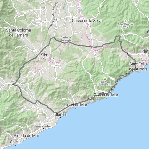 Miniatua del mapa de inspiración ciclista "Excursión en bici de carretera desde Santa Cristina d'Aro a través de la Costa Brava" en Cataluña, Spain. Generado por Tarmacs.app planificador de rutas ciclistas