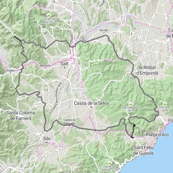 Miniatuurkaart van de fietsinspiratie "De Langere Wegenrit van Santa Cristina d'Aro" in Cataluña, Spain. Gemaakt door de Tarmacs.app fietsrouteplanner