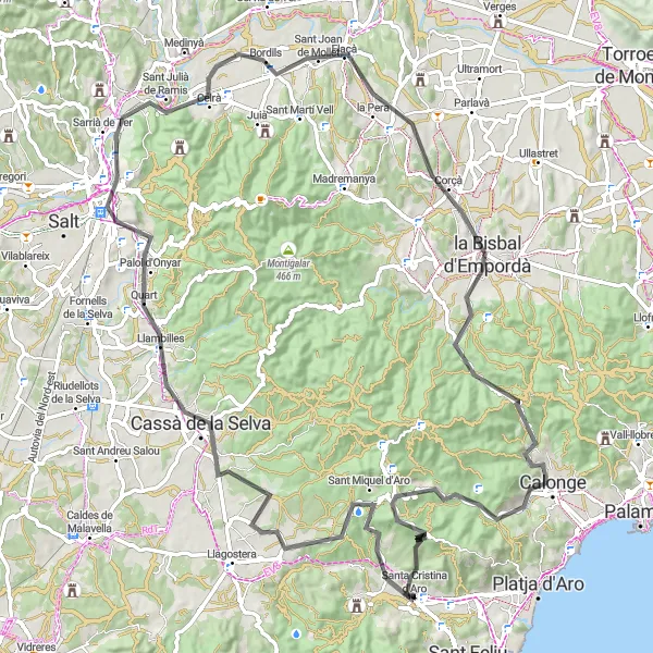 Miniatua del mapa de inspiración ciclista "Ruta en bici de carretera desde Santa Cristina d'Aro a través de Girona" en Cataluña, Spain. Generado por Tarmacs.app planificador de rutas ciclistas