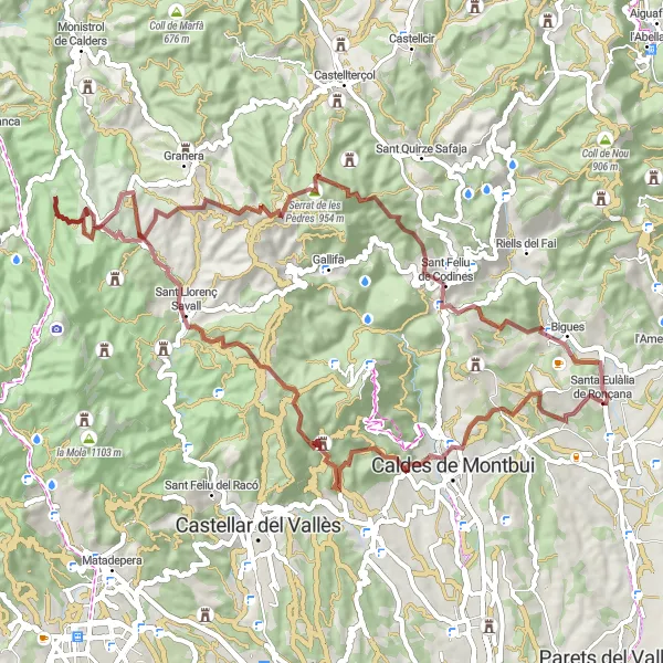 Miniatura della mappa di ispirazione al ciclismo "La sfida dei tanti colli" nella regione di Cataluña, Spain. Generata da Tarmacs.app, pianificatore di rotte ciclistiche