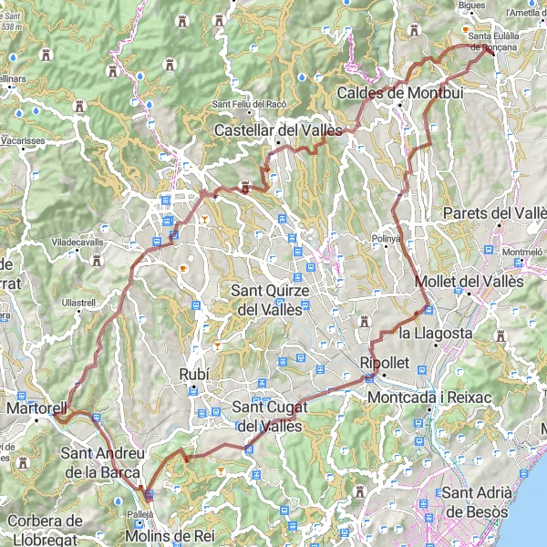 Map miniature of "Gravel Route to Torre Fossada via Puig Madrona" cycling inspiration in Cataluña, Spain. Generated by Tarmacs.app cycling route planner