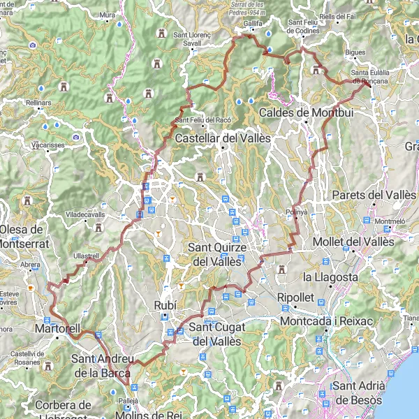 Miniaturní mapa "Gravel Tour through Vallès Occidental" inspirace pro cyklisty v oblasti Cataluña, Spain. Vytvořeno pomocí plánovače tras Tarmacs.app