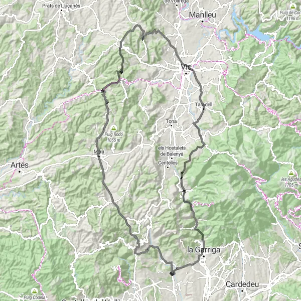 Miniatura della mappa di ispirazione al ciclismo "Avventura Ciclistica tra Bigues e Taradell" nella regione di Cataluña, Spain. Generata da Tarmacs.app, pianificatore di rotte ciclistiche