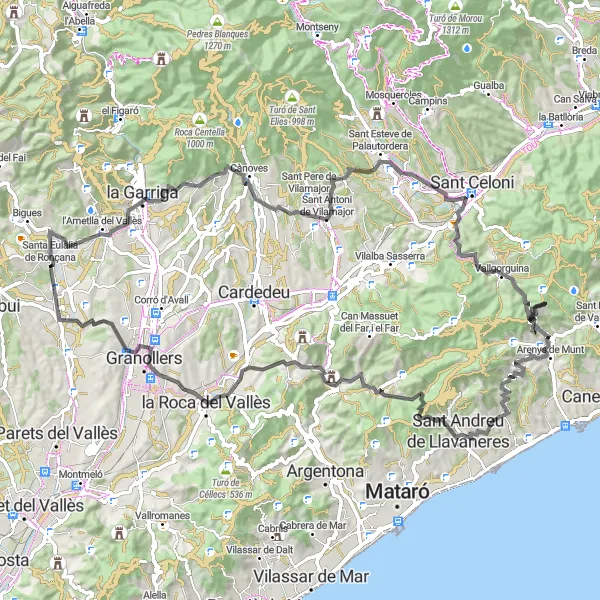 Miniatua del mapa de inspiración ciclista "Ruta de las colinas y miradores" en Cataluña, Spain. Generado por Tarmacs.app planificador de rutas ciclistas