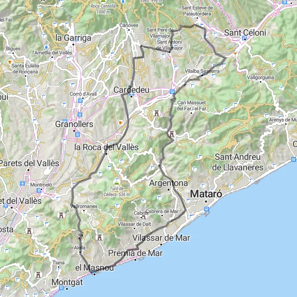 Miniaturní mapa "Road Bike Adventure" inspirace pro cyklisty v oblasti Cataluña, Spain. Vytvořeno pomocí plánovače tras Tarmacs.app