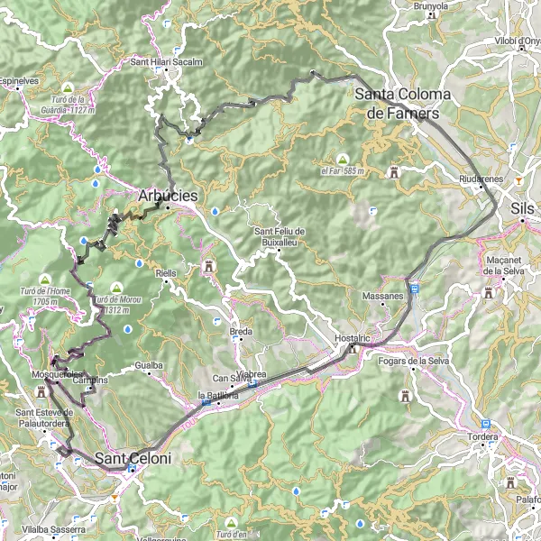 Miniatua del mapa de inspiración ciclista "Ruta de Santa Coloma de Farners" en Cataluña, Spain. Generado por Tarmacs.app planificador de rutas ciclistas