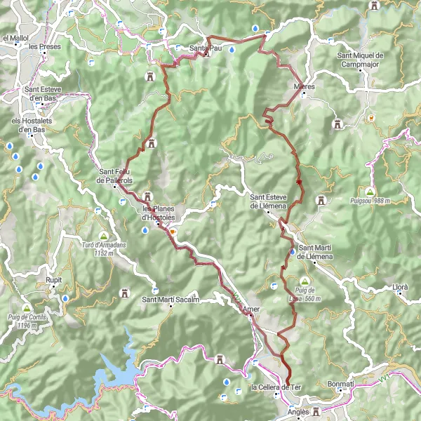 Miniatua del mapa de inspiración ciclista "Ruta de ciclismo en gravilla por Santa Pau y sus alrededores" en Cataluña, Spain. Generado por Tarmacs.app planificador de rutas ciclistas
