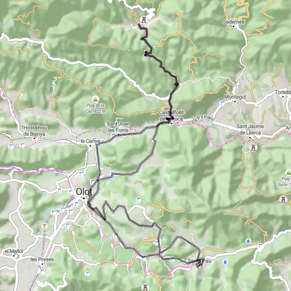 Map miniature of "Road Cycling Exploration in the Volcanic Region" cycling inspiration in Cataluña, Spain. Generated by Tarmacs.app cycling route planner