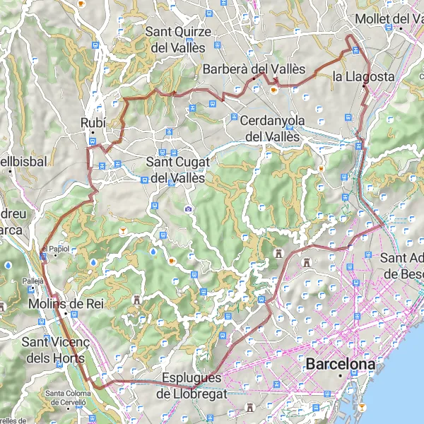 Map miniature of "Gravel Adventure to Turó d'en Rata and Turó de Collserola" cycling inspiration in Cataluña, Spain. Generated by Tarmacs.app cycling route planner