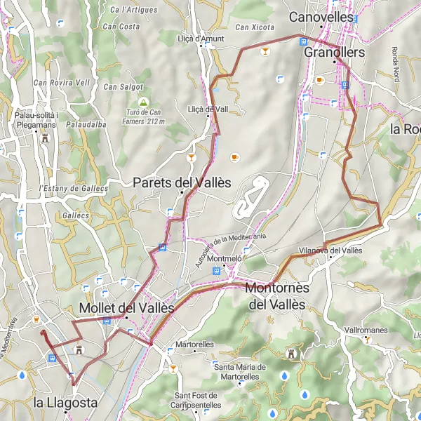 Map miniature of "Gravel Route to Vilanova del Vallès and la Llagosta" cycling inspiration in Cataluña, Spain. Generated by Tarmacs.app cycling route planner