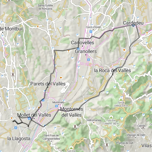 Map miniature of "Road Route to Lliçà de Vall and Vilanova del Vallès" cycling inspiration in Cataluña, Spain. Generated by Tarmacs.app cycling route planner