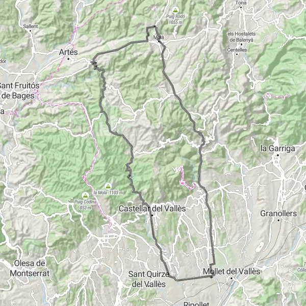 Map miniature of "Mountains and Valleys" cycling inspiration in Cataluña, Spain. Generated by Tarmacs.app cycling route planner