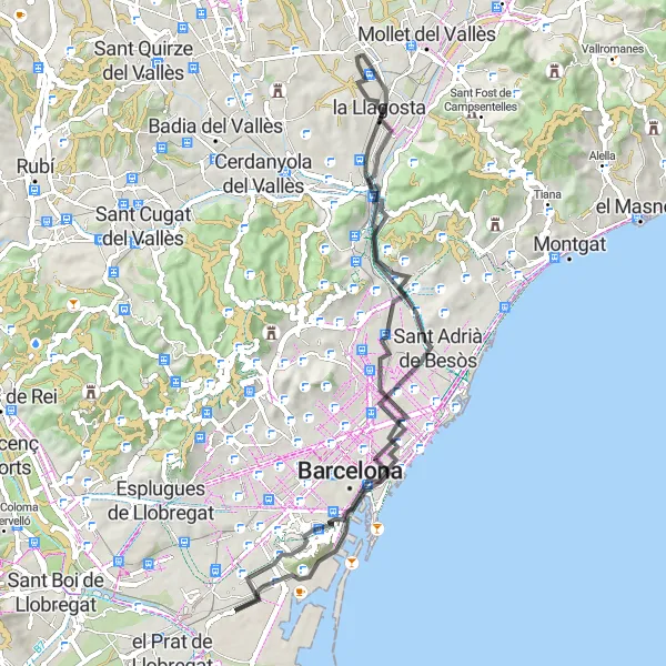 Miniatura della mappa di ispirazione al ciclismo "Giro in bici da strada da Santa Perpètua de Mogoda" nella regione di Cataluña, Spain. Generata da Tarmacs.app, pianificatore di rotte ciclistiche