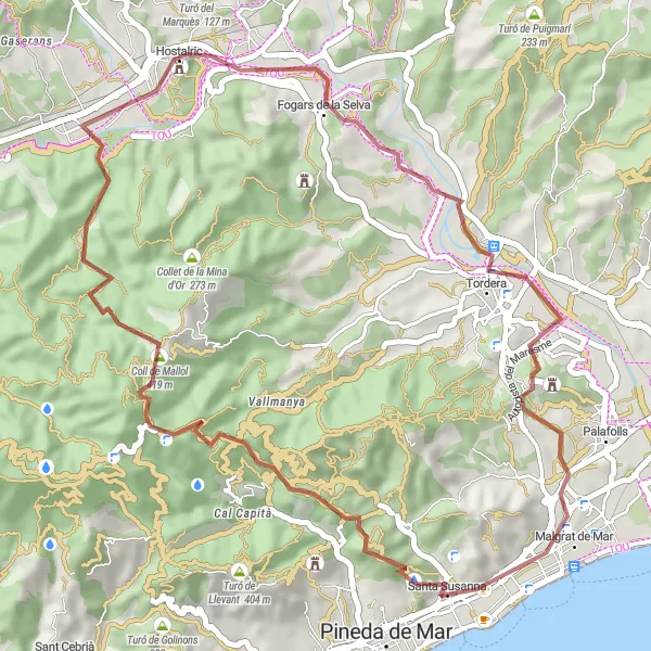 Miniature de la carte de l'inspiration cycliste "Défi Gravel à Hostalric" dans la Cataluña, Spain. Générée par le planificateur d'itinéraire cycliste Tarmacs.app